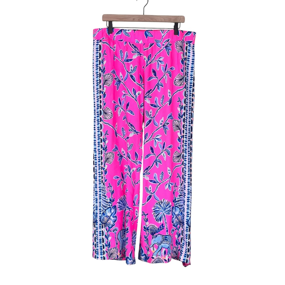 Lilly Pulitzer Bal Harbour Palazzo Pants Pink Blue Elephant Floral Print XL - Picture 2 of 14